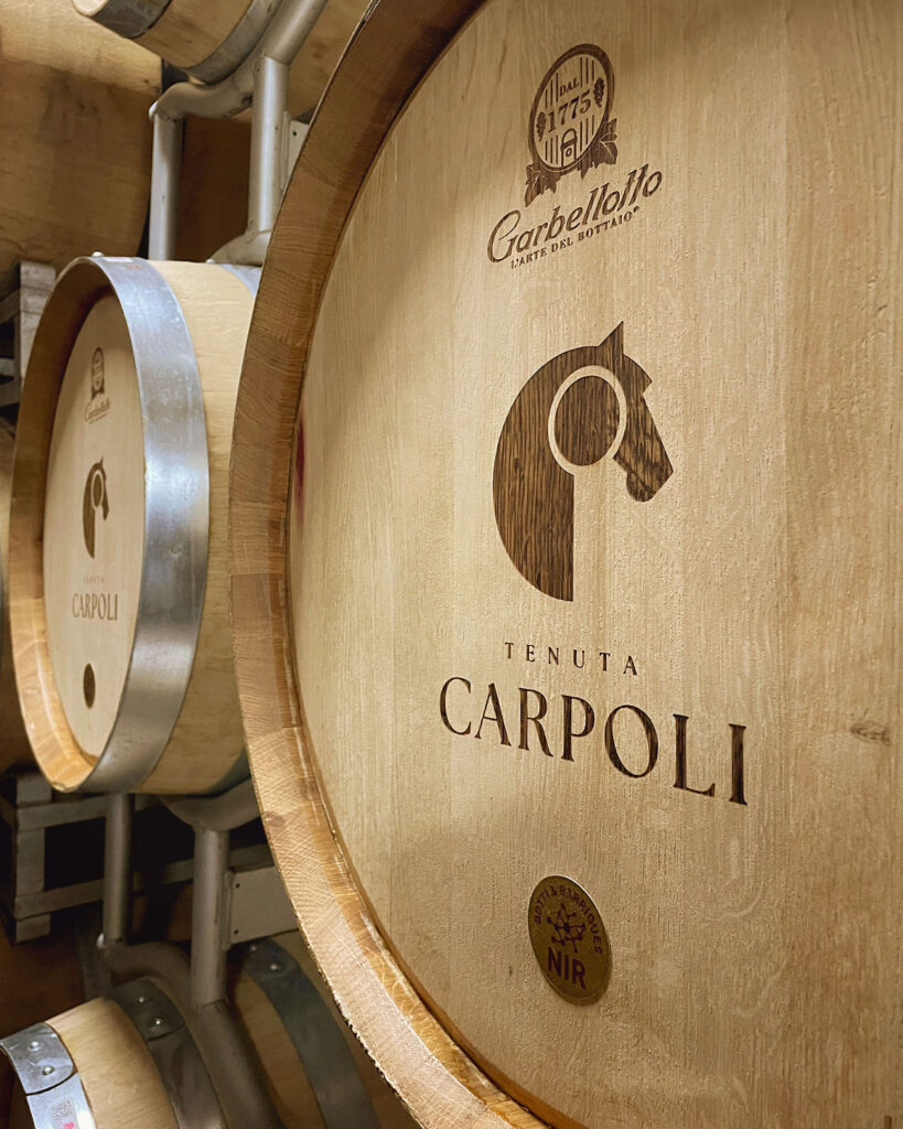 Botti in legno per l’affinamento del vino nella cantina Tenuta Carpoli