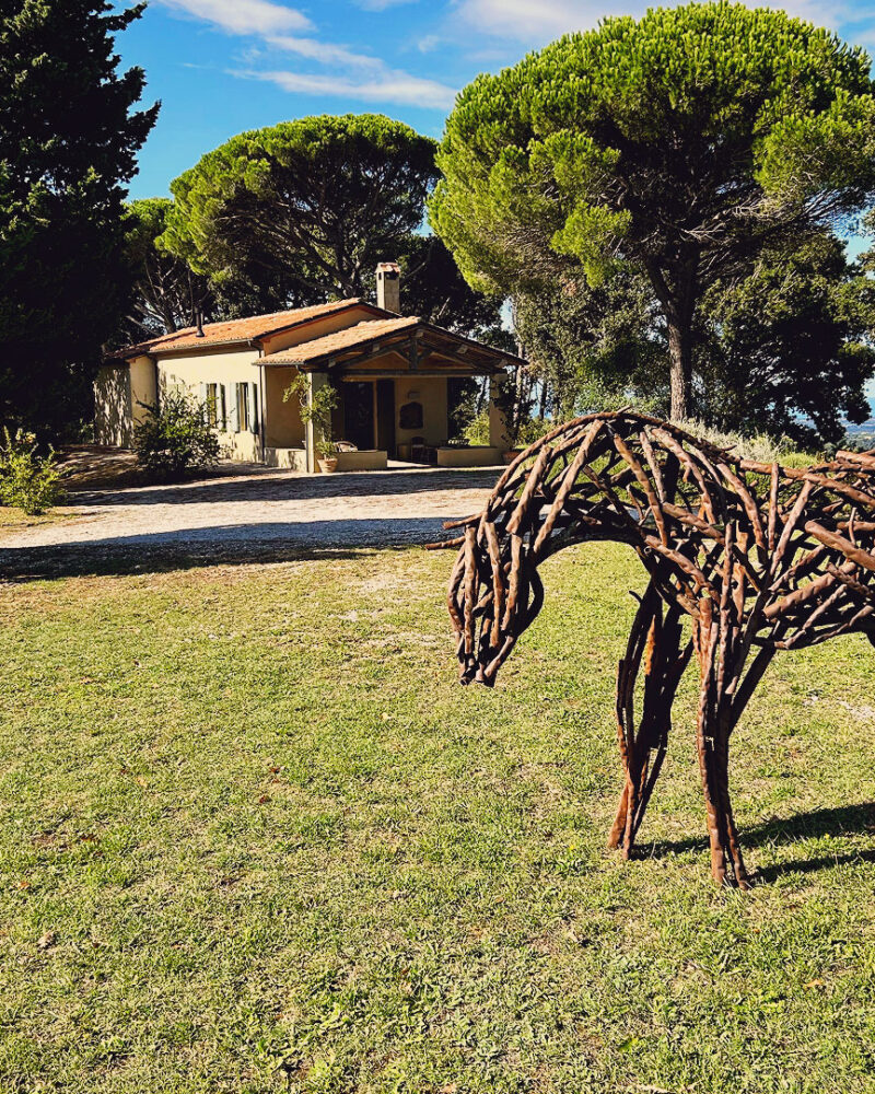 Scultura di cavallo davanti al casale della Tenuta Carpoli nella campagna della Costa Toscana